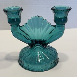 Jeannette SWIRL ULTRAMARINE BLUE 5 1/4" DOUBLE BRANCH CANDLE HOLDER Aqua